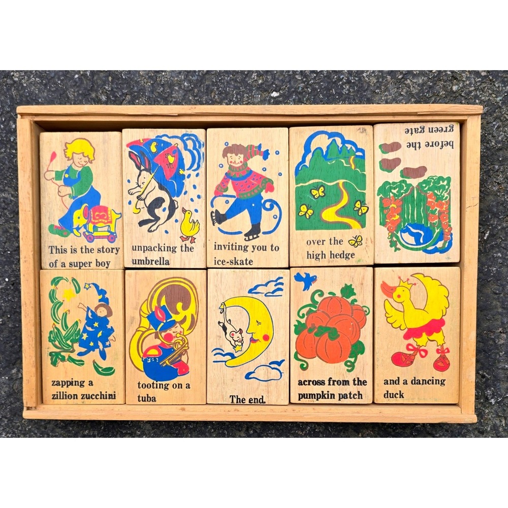 Vintage 1980's Storytelling Wooden Blocks Educational Set Storage Box 20 Pieces